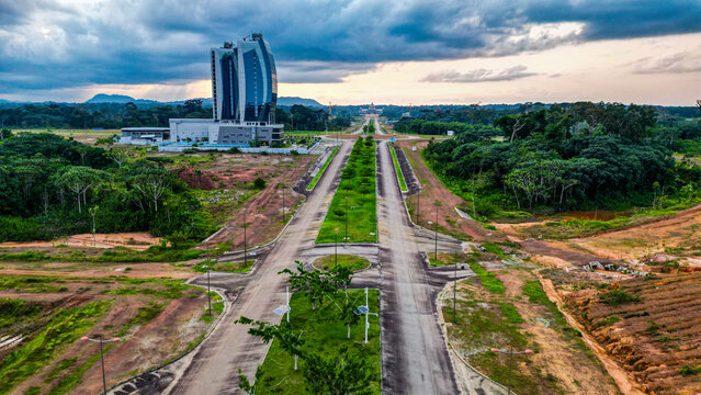 Aerial of the future capital Ciudad de la Paz, Rio Muni, Equatorial Guinea, Africa