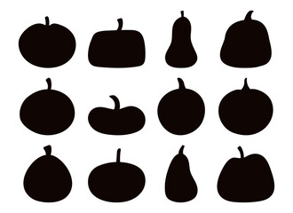 Pumpkins, squashes silhouettes isolated, big Halloween set. Hand drawn vector illustration. Cartoon style flat design. Autumn, fall vegetable, Thanksgiving, harvest festival, seasonal print element