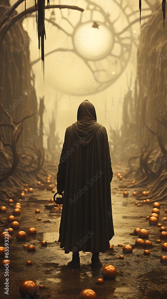 Poster man in hooded cloak walking through forest filled with oranges.