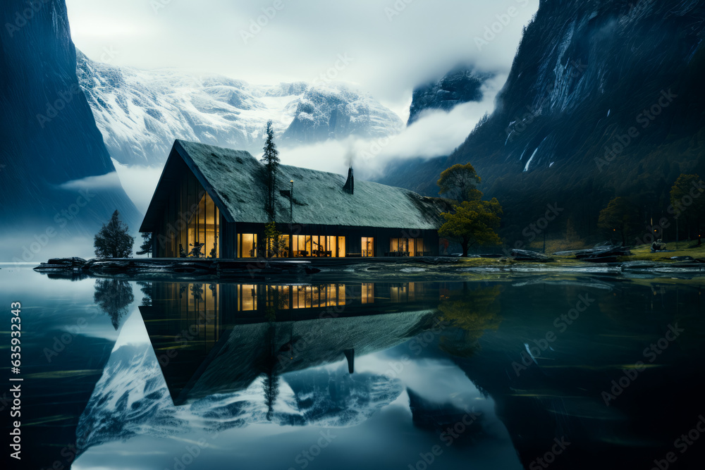 Poster House sitting on top of lake surrounded by mountains.