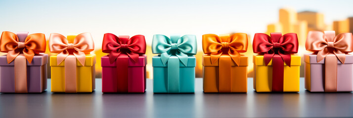 Three brightly colored gift boxes with bow on each of them. - obrazy, fototapety, plakaty