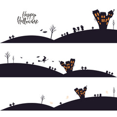 Halloween landscapes, silhouettes with haunted house set. Witch, bats, kids in costumes, ghosts, cemetery, trees. Hand drawn vector illustration. Flat style design. Holiday print, banner element
