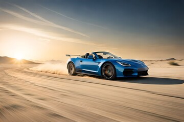 Fototapeta na wymiar A sports car zooming across a desert leaving a trail of dust behind and against a clear blue sky generated by 