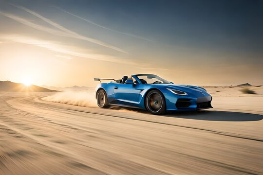 A sports car zooming across a desert leaving a trail of dust behind and against a clear blue sky generated by © Muhammad