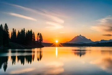 beautiful scene of sunrise over the lake generated by AI tool