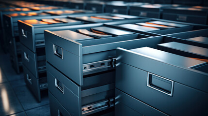 Wall mounted filing cabinets, a drawer with files inside is open, administration and business concept.