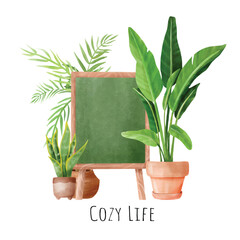 set of houseplants with blackboard decoration shop vector illustration