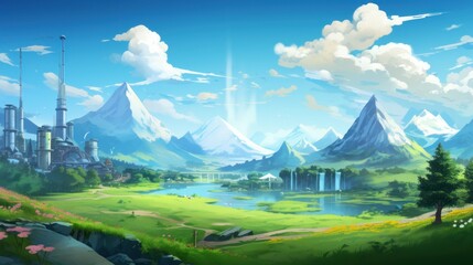 Idyllic world where renewable energy and nature coexist harmoniously, showcasing sustainable technology and lush landscapes game art