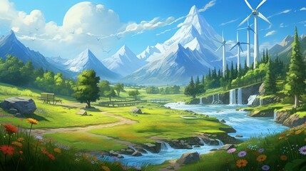 Idyllic world where renewable energy and nature coexist harmoniously, showcasing sustainable technology and lush landscapes game art