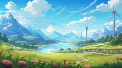 Idyllic world where renewable energy and nature coexist harmoniously, showcasing sustainable technology and lush landscapes game art