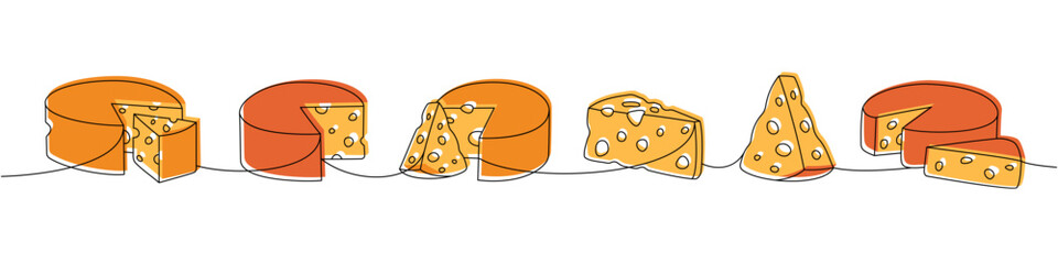 Cheese set one line colored continuous drawing. Different types of cheese continuous one line illustration. Vector minimalist linear illustration.
