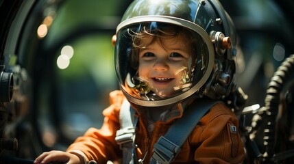 a young child with an astronaut helmet.