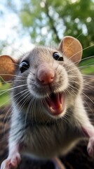 Mouse touches camera taking selfie. Funny selfie portrait of animal.