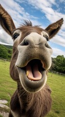 Donkey touches camera taking selfie. Funny selfie portrait of animal.