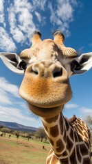 Obraz premium Giraffe touches camera taking selfie. Funny selfie portrait of animal.
