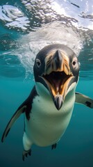 Fototapeta premium Penguin touches camera taking selfie. Funny selfie portrait of animal.