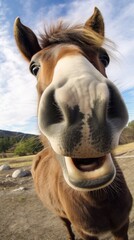 Horse touches camera taking selfie. Funny selfie portrait of animal.