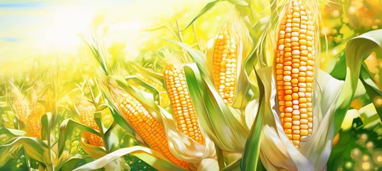 Gordijnen Corn cobs in corn plantation field. © alexxndr