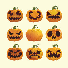 Halloween pumpkins set icon character vector illustration. Pumpkins with scary faces for Autumn festival, harvest  and Halloween day.