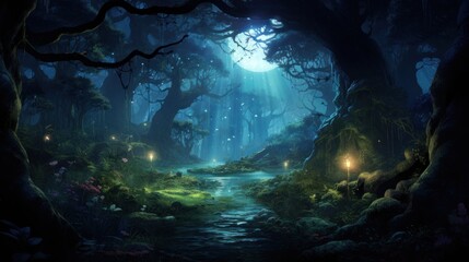 Fototapeta premium Futuristic wilderness at night, where bioluminescent plants and neon creatures thrive in an electrifying ecosystem