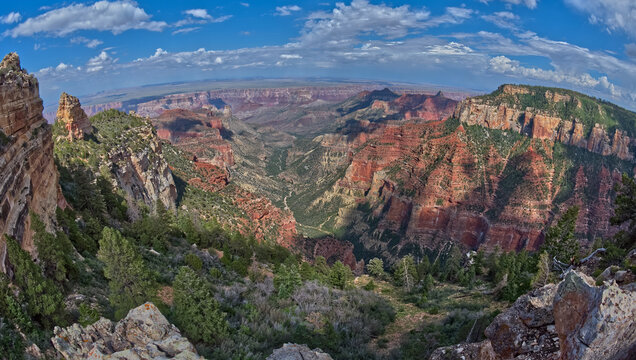 Grand Canyon North Rim viewed from Roosevelt Point with Tritle Peak on the left and Atoko Point on the right, Gand Canyon, Arizona, United States of America, North Amerca