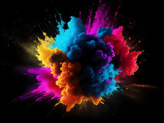 Holi paint rainbow multi colored powder explosion on black background. Abstract 3d explosion wallpaper generated ai - obrazy, fototapety, plakaty