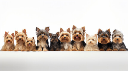 Panoramic banner showcasing pet dogs - Assortment of adorable and amusing Yorkshire Terrier dogs, captured in various playful poses such as lying down, jumping, standing, and sitti