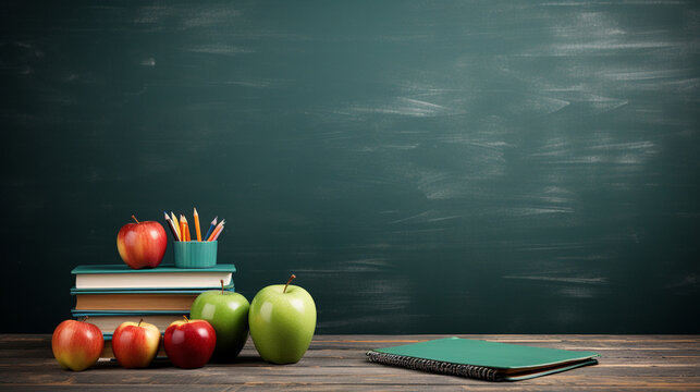 "Welcome Back to School" background - A green blackboard adorned with a school bag, textbooks, and an apple placed on the teacher's desk. 