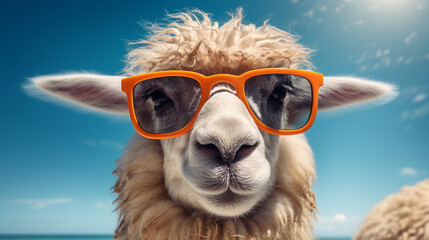 Whimsical animal summer getaway photo banner - Up-close image of a sheep sporting sunglasses, standing alone against a white backdrop. 