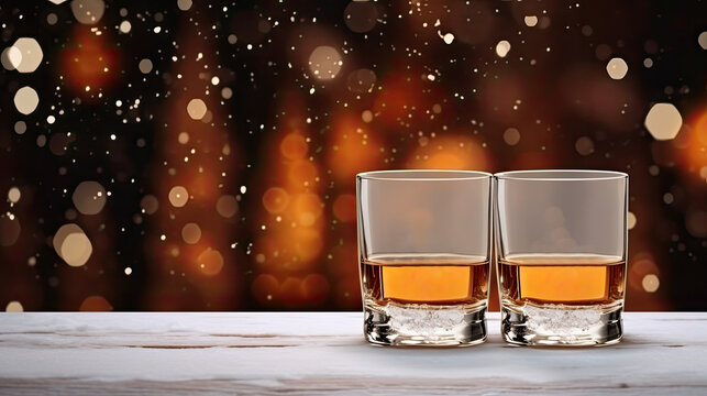Winter banner mockup with two glasses of whiskey on the table with blurry christmas lights in the background. Empty space for product placement or promotional text.