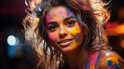 Obraz premium photo of a young woman posing while using neon face paint.