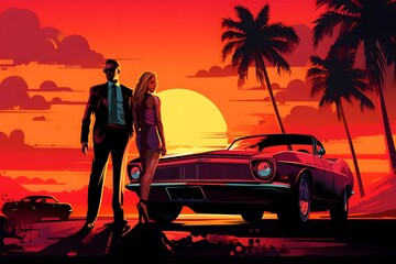 Classic Car Caper in Miami Vice Sunset Mobster, Blonde & Luxury Life