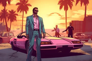 Papier Peint photo Voitures de dessin animé Miami Vice Sunset Ballad Mobster Amidst Palm Trees and Luxury