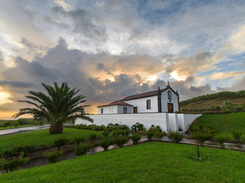 Sunset over Ermida de Nossa Senhora do Pranto chapel on Sao Miguel island, Azores Islands, Portugal, Atlantic