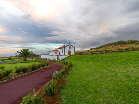 Sunset over Ermida de Nossa Senhora do Pranto chapel on Sao Miguel island, Azores Islands, Portugal, Atlantic