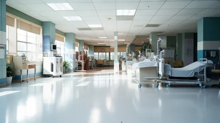 Fotobehang Empty white clean and pristine hospital. Concept of Sterile environment, medical facility, empty wards, healthcare setting, clinical cleanliness, sanitized spaces, hospital ambiance. © Lila Patel