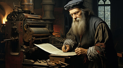 Gutenberg and the Printing Press: A Technological Innovation: A photo of Gutenberg and his printing press, a revolutionary technology that changed the way information was disseminated. - obrazy, fototapety, plakaty