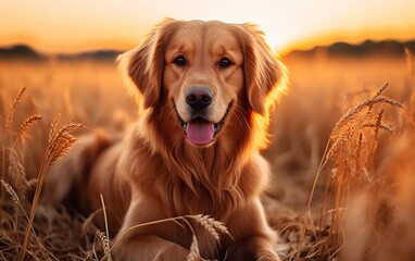 Golden Dog in Crops Field. Generative AI