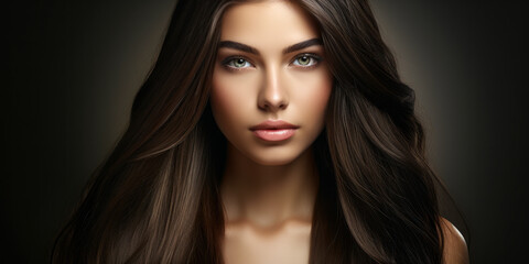 Fototapeta premium Hair Envy: Straight Long Brown Shiny Hair: A young woman with straight long brown shiny hair, making others envious of her beautiful hair