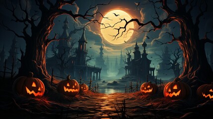 spooky night with pumpkins in graveyard - Halloween background .