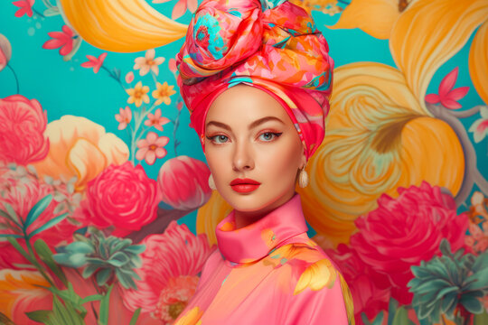 Image of woman wearing turban with flowers on it.