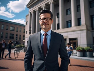 Fotograf&iacute;a de un abogado fuera de un tribunal, documentos en mano, listo para defender la justicia.