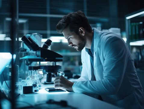Fotograf&iacute;a de un investigador en un laboratorio avanzado, contemplando un innovador descubrimiento a trav&eacute;s de un microscopio.