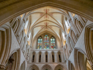 Vaulted ceiling and stained glass windows, Wells Cathedral, Wells, Somerset, England, United Kingdom