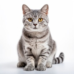 Obraz premium English short hair cat isolated sits and watched on white