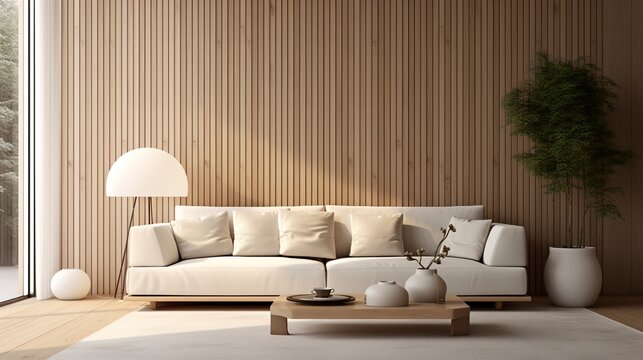 Japanese style interior design of modern living room with sofa and blank frame on wooden wall.