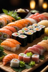  sushi platter, close-up, highly detailed, variety of fresh salmon sushi rolls, vibrant colors, succulent sashimi, 
