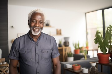 Portrait of a senior african american man smiling and looking at camera in his home with a nordic design interior