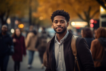 Afro American businessman in a busy street. during the autumn season. bokeh background. close-up. 