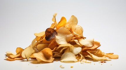 An image of a pile of potato chips artistically scattered across a blank white canvas.